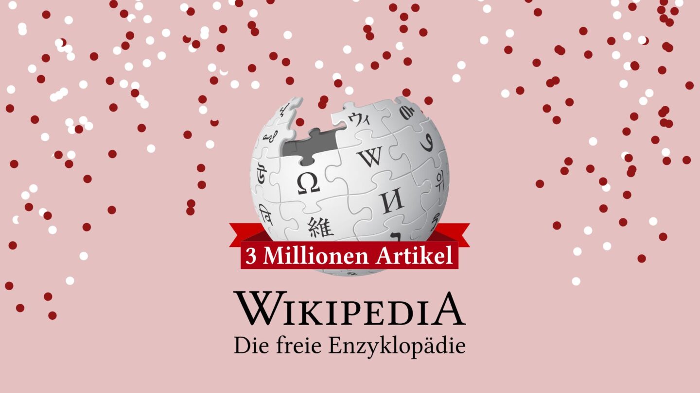 Wikipedia-Logo mit Konfetti und der Beschriftung "3 Millionen Artikel